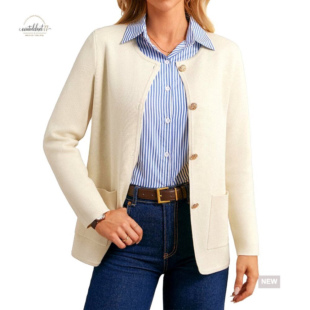Knit Blazer Cardigan with Pockets, Regular Fit, Long Sleeve, Crew Neck
